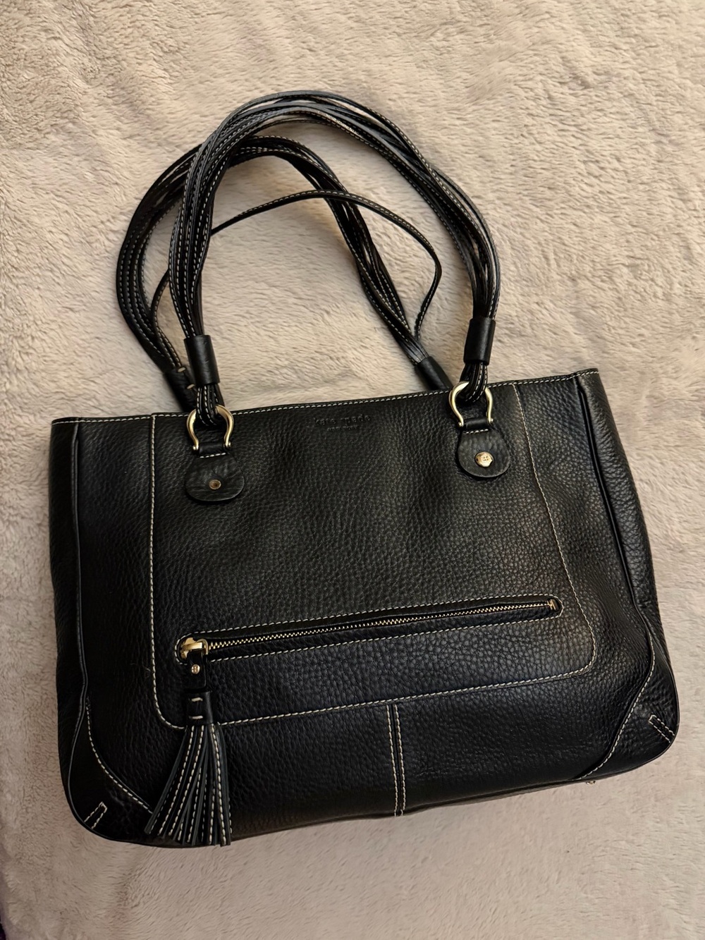 VTG Kate Spade Black Pebbled Leather Tote Bag Larabee Dot Lining Tassel pull